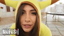 Tru Kait Wearing A Pikachu Onesie And Giving A Footjob